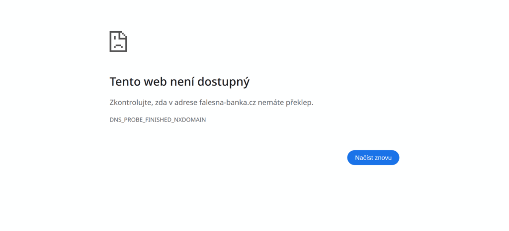 Výchozí chybová stránka Chrome pro zablokovanou doménu